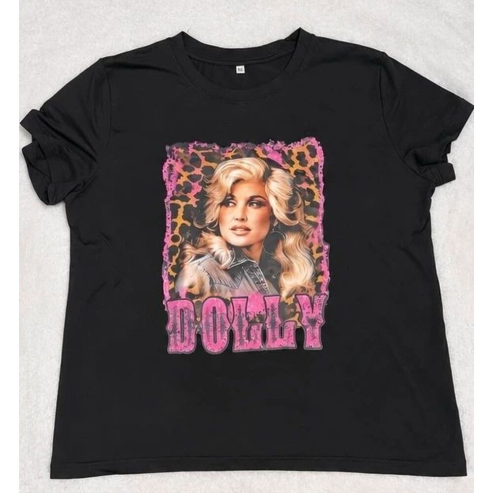 Dolly Parton Black Graphic T-Shirt XL Pink Leopard Western Country Tee
